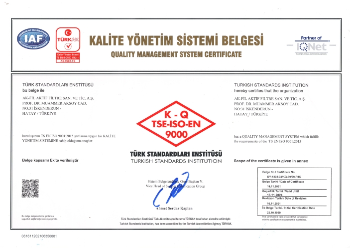 AK-FİL TSE ISO 9001 Kalite Yönetim Sistemi Belgesi